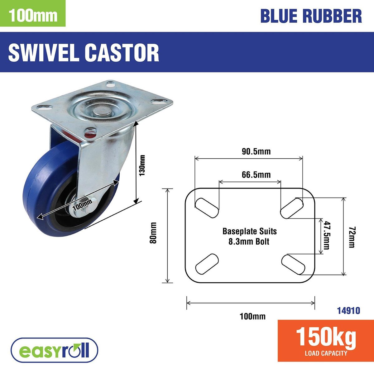Easyroll Castor - 100mm - Blue Elastic Rubber - Heavy Duty