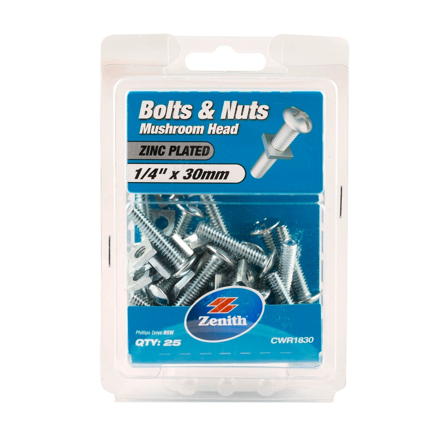 Zenith Mushroom Head Bolt - 1/4 x 30mm - 25 Pack