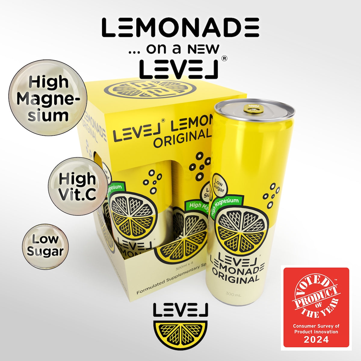 Level Lemonade Original Cans 300ml X 4 Pack