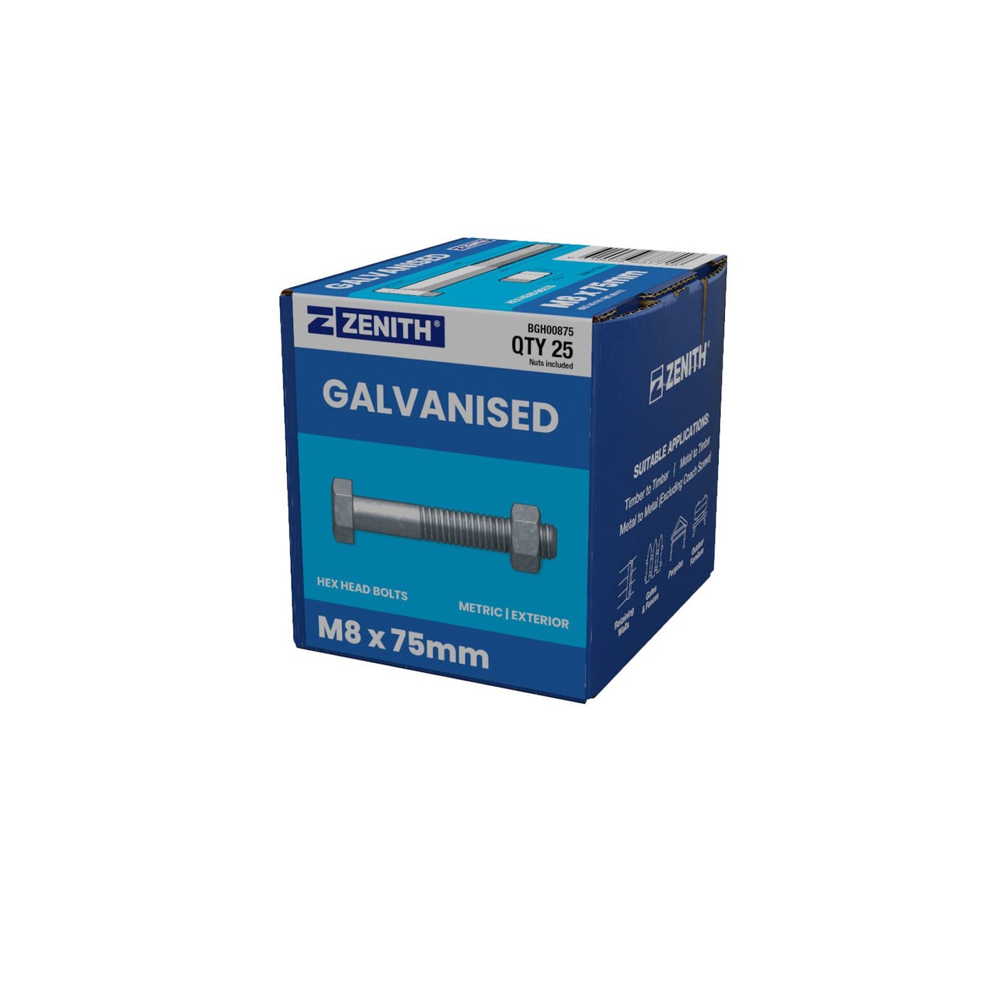 Zenith Hot Dip Galvanised Hex Head Bolts & Nuts - M8 x 75mm - 25 Pack