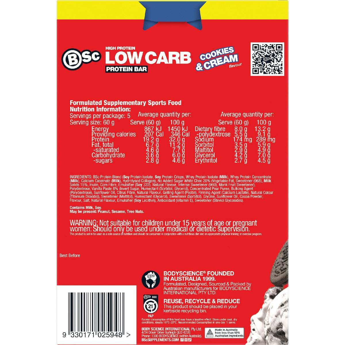 Bsc High Protein Low Carb Bar Cookies & Cream 60g X 5 Pack