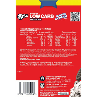 Bsc High Protein Low Carb Bar Cookies & Cream 60g X 5 Pack