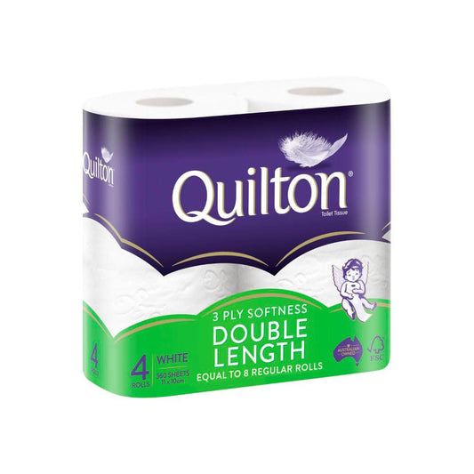 Quilton 3 Ply Double Length White Toilet Paper - 4 pack