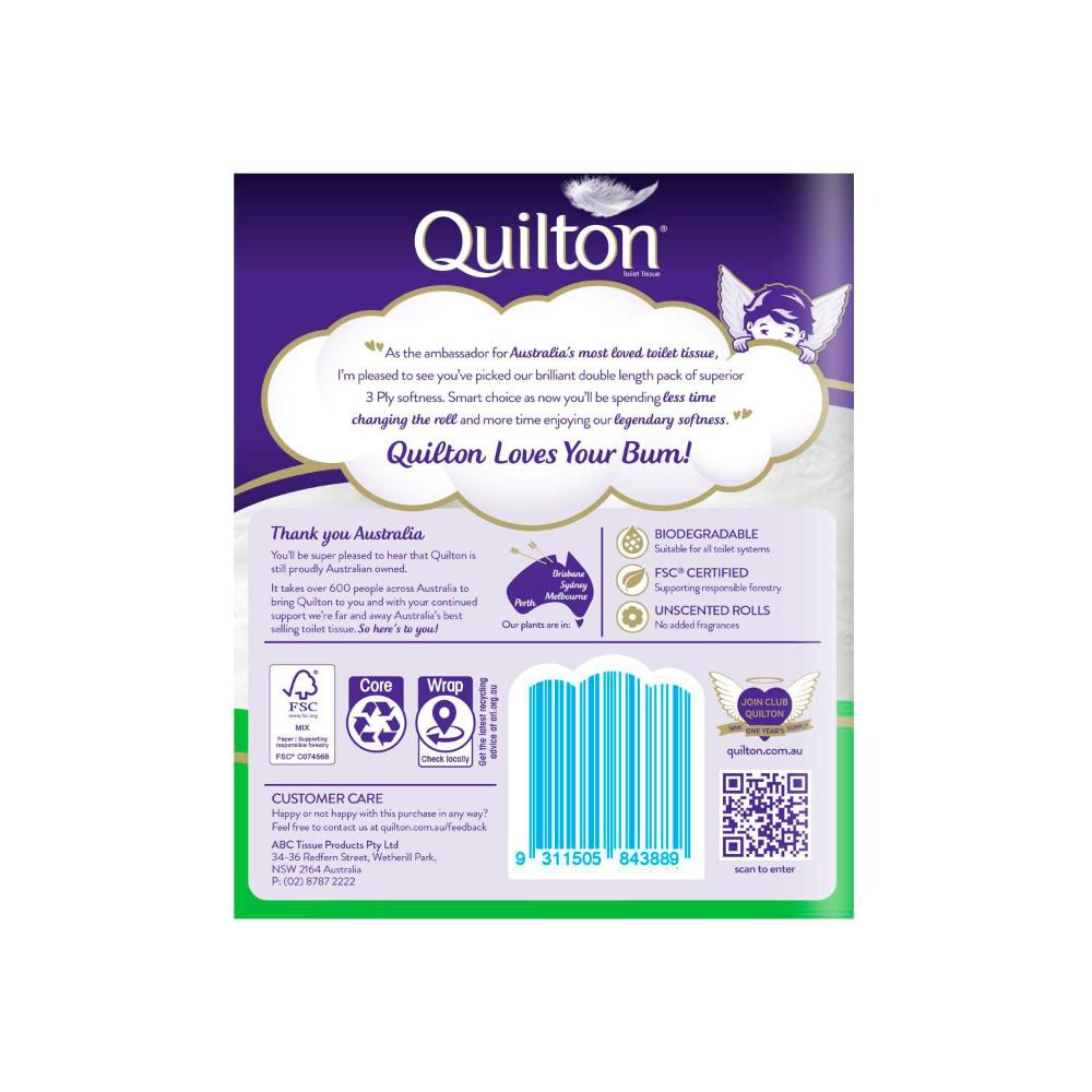Quilton 3 Ply Double Length White Toilet Paper - 4 pack