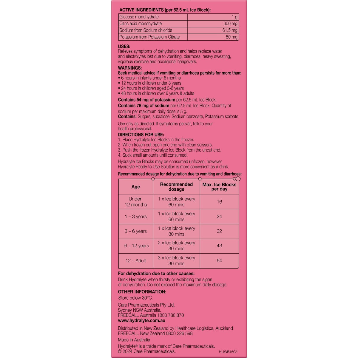 Hydralyte Electrolyte Ice Blocks Watermelon 16 Pack