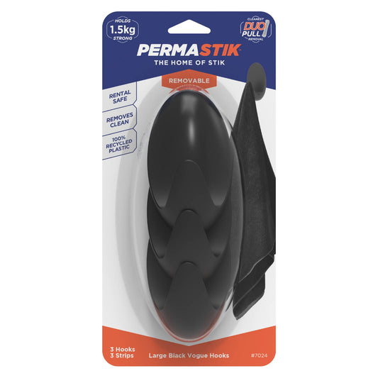 Permastik Large Black Vogue Hooks Holds 1.5kg 3 Pack