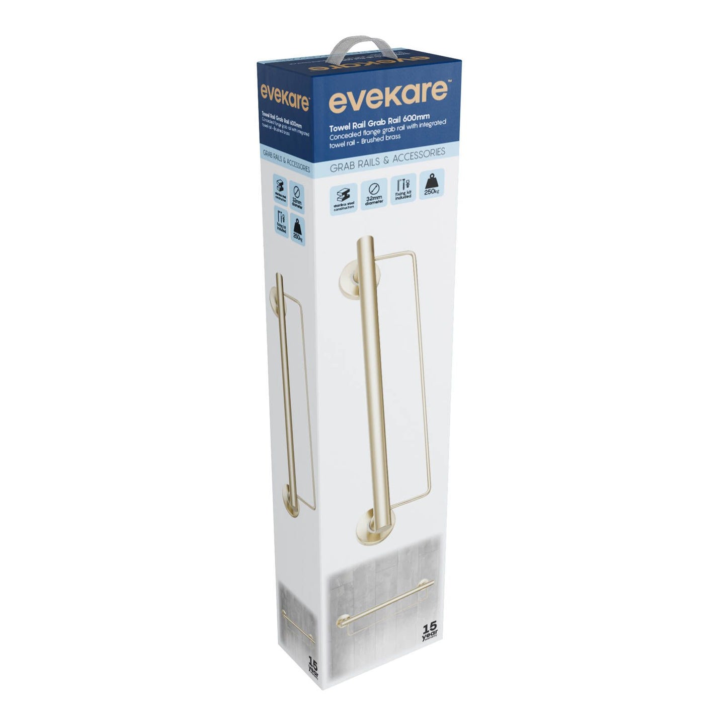 Evekare Towel Rail with Grab Rail - 600mm - Brushed Brass