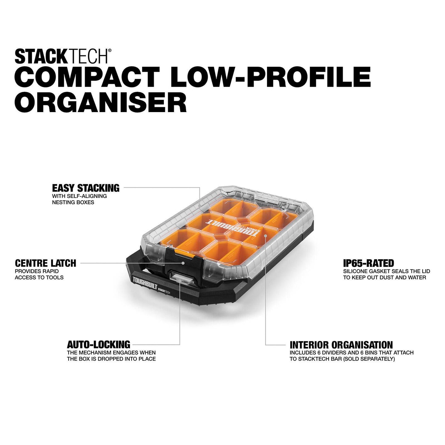 Toughbuilt Stacktech Compact Low Profile Organiser - 6 Bins - 470 x 90 x 260mm - IP65