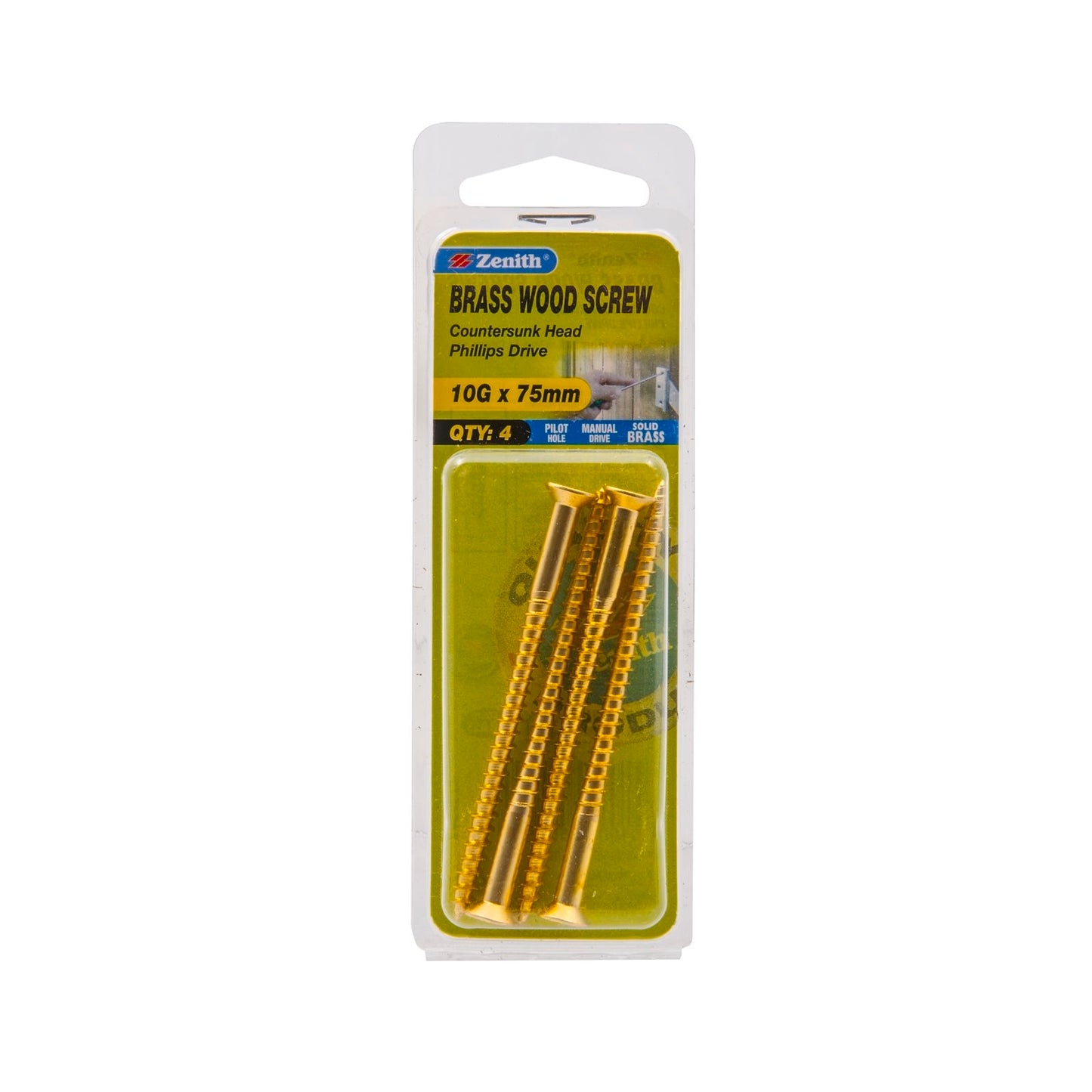 Zenith Wood Screws - 10g x 75mm - Brass - 4 Pack