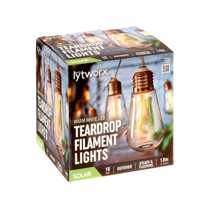 Lytworx Warm White Solar Teardrop Filament Lights - 10 Pack - 1.8m