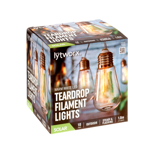Lytworx Warm White Solar Teardrop Filament Lights - 10 Pack - 1.8m