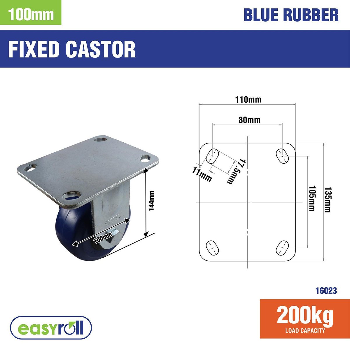 Easyroll Fixed Plate Castor - 100mm - Blue Rubber - Non Marking