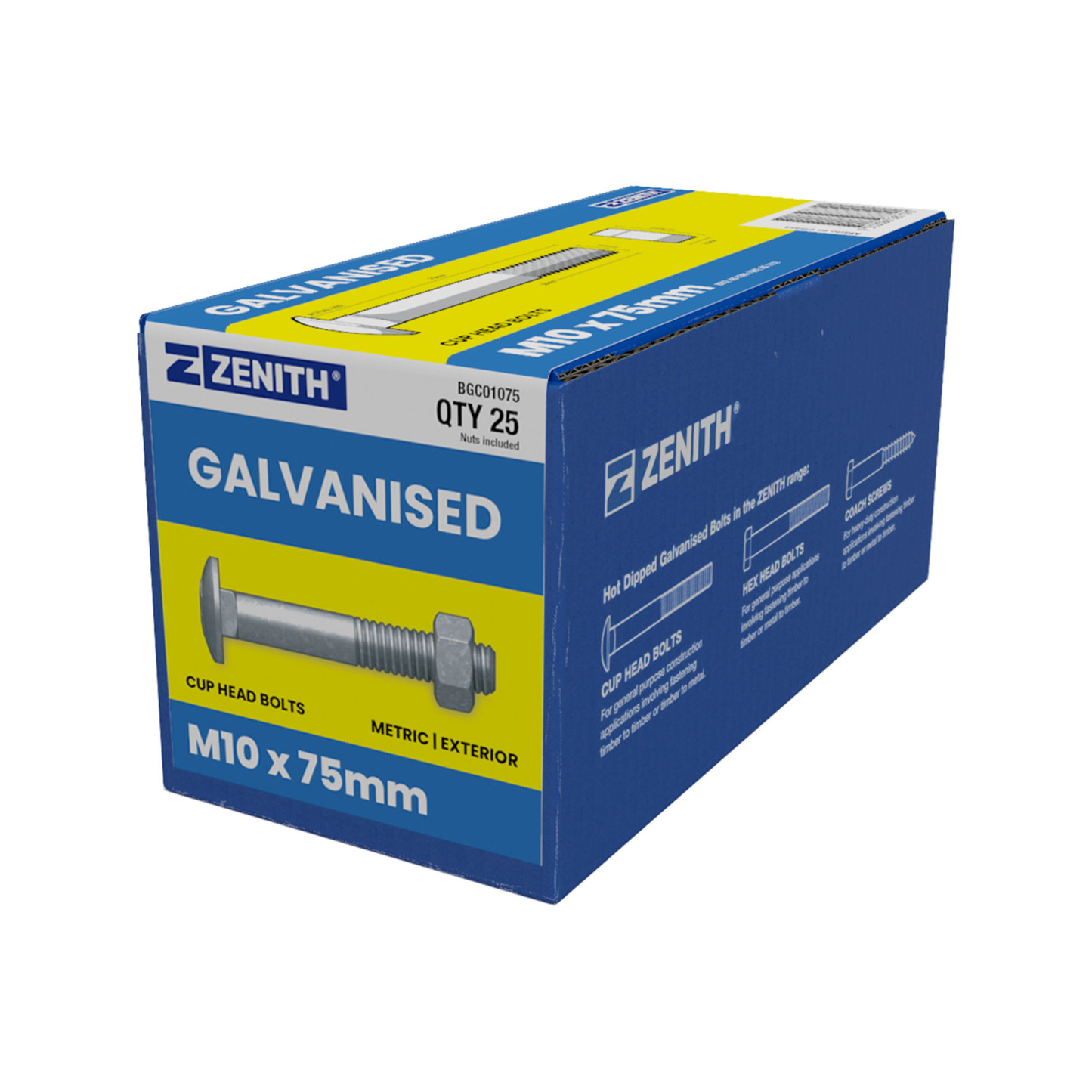 Zenith Cup Head Bolts & Nuts - 75mm - Hot Dip Galvanised - 25 Pack