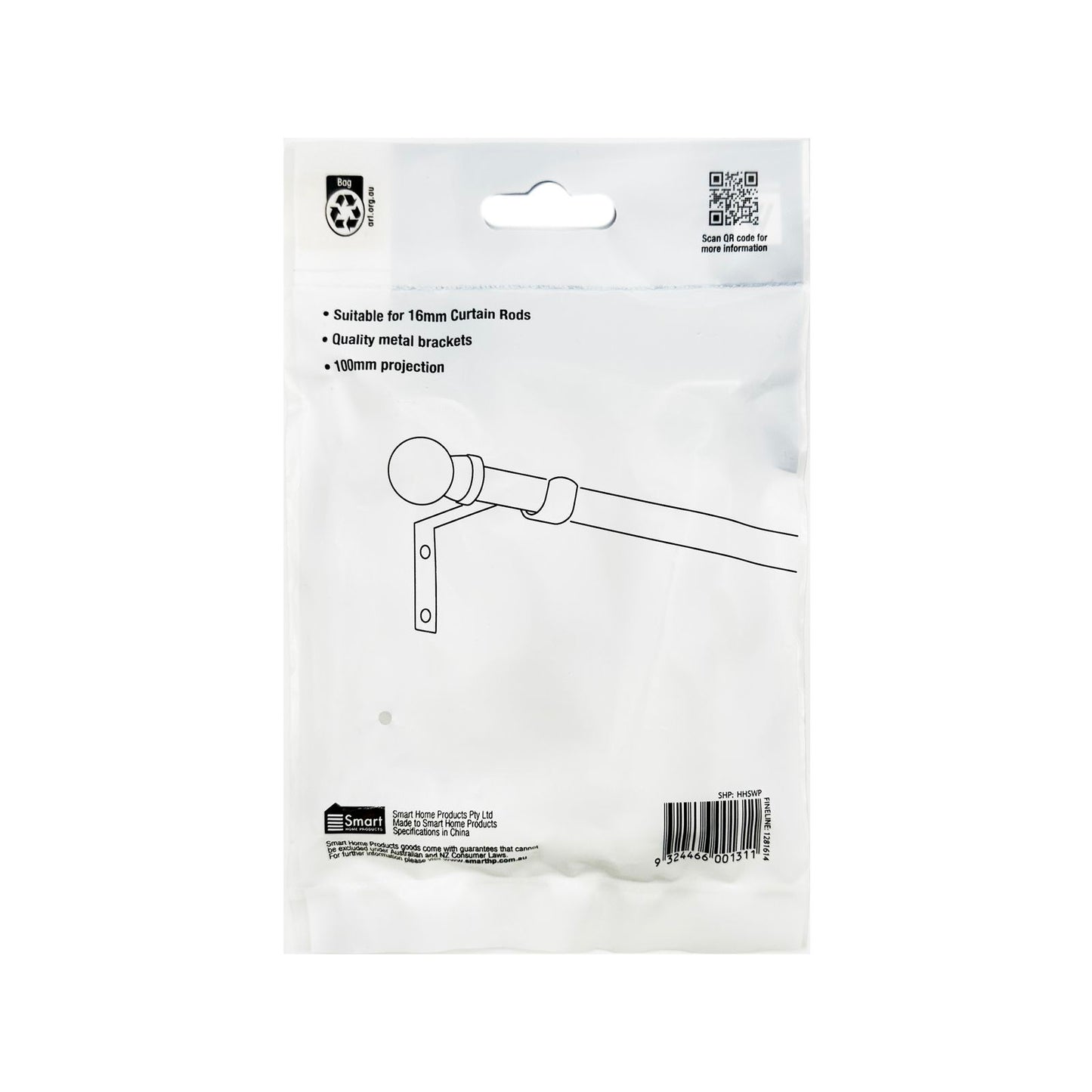 Windoware White Metal Single Curtain Unstayed Bracket - 100mm - 2 Pack
