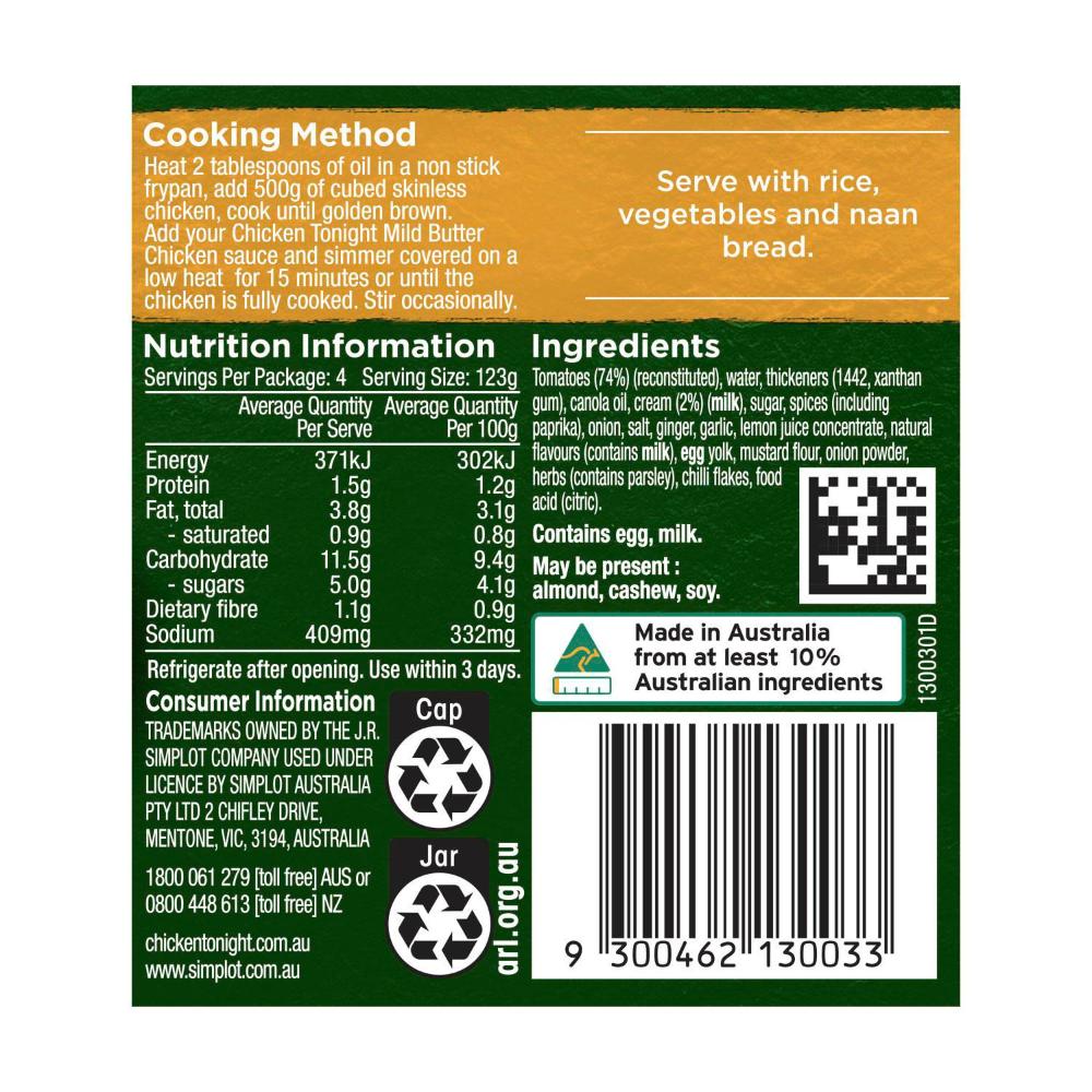 Chicken Tonight Indian Mild Butter Chicken Simmer Sauce - 495g
