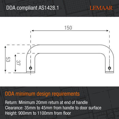 Lemaar D Pull Handle 150 x 16mm Satin Stainless Steel DDA Compliant