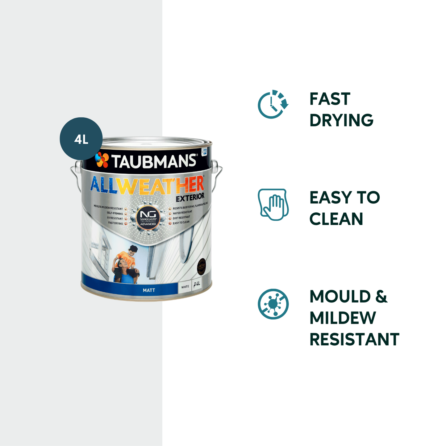 Taubmans All Weather Exterior Paint - 4L - White - Matt