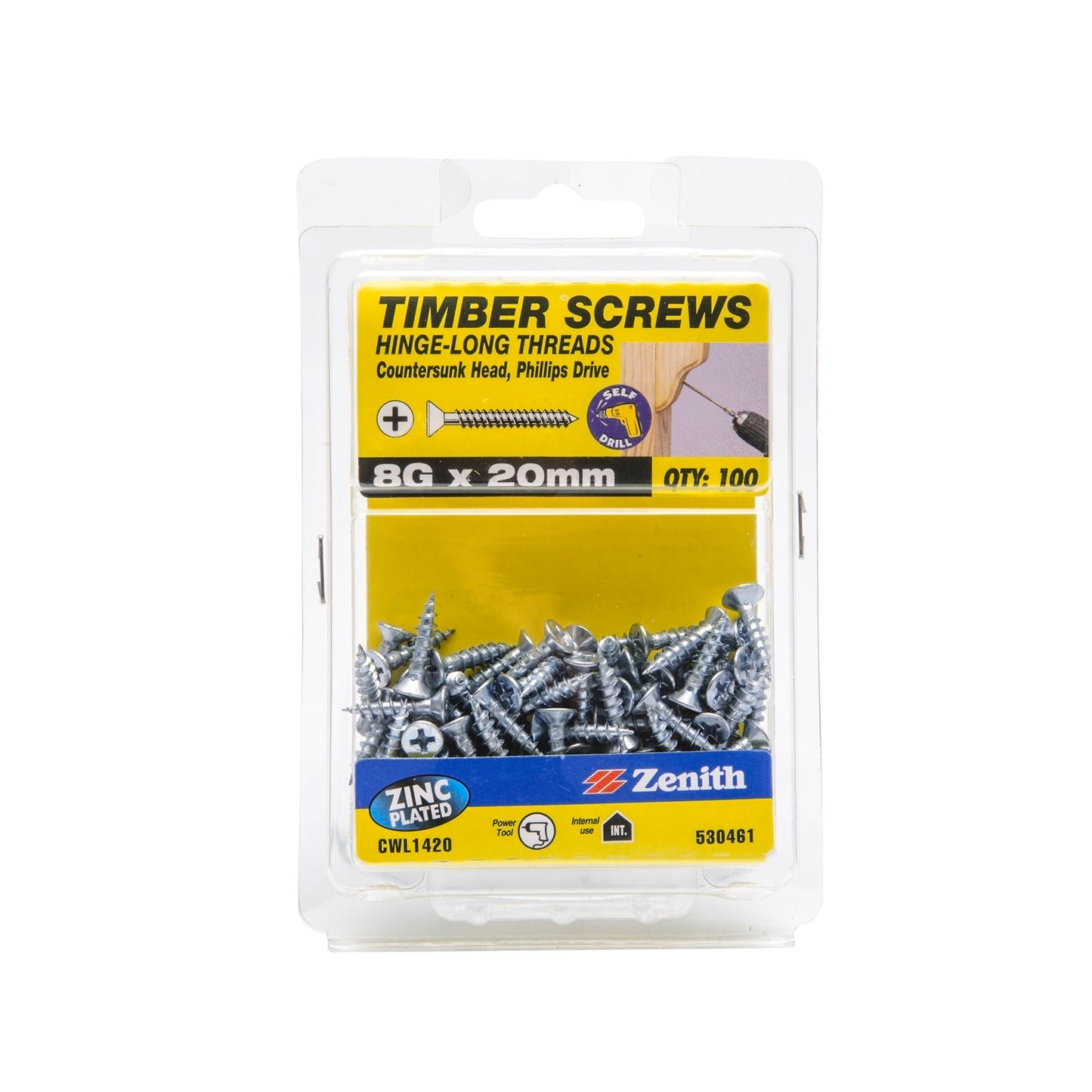 Zenith Hinge Long Thread Screw - 8g x 20mm - Zinc - 100 Pack
