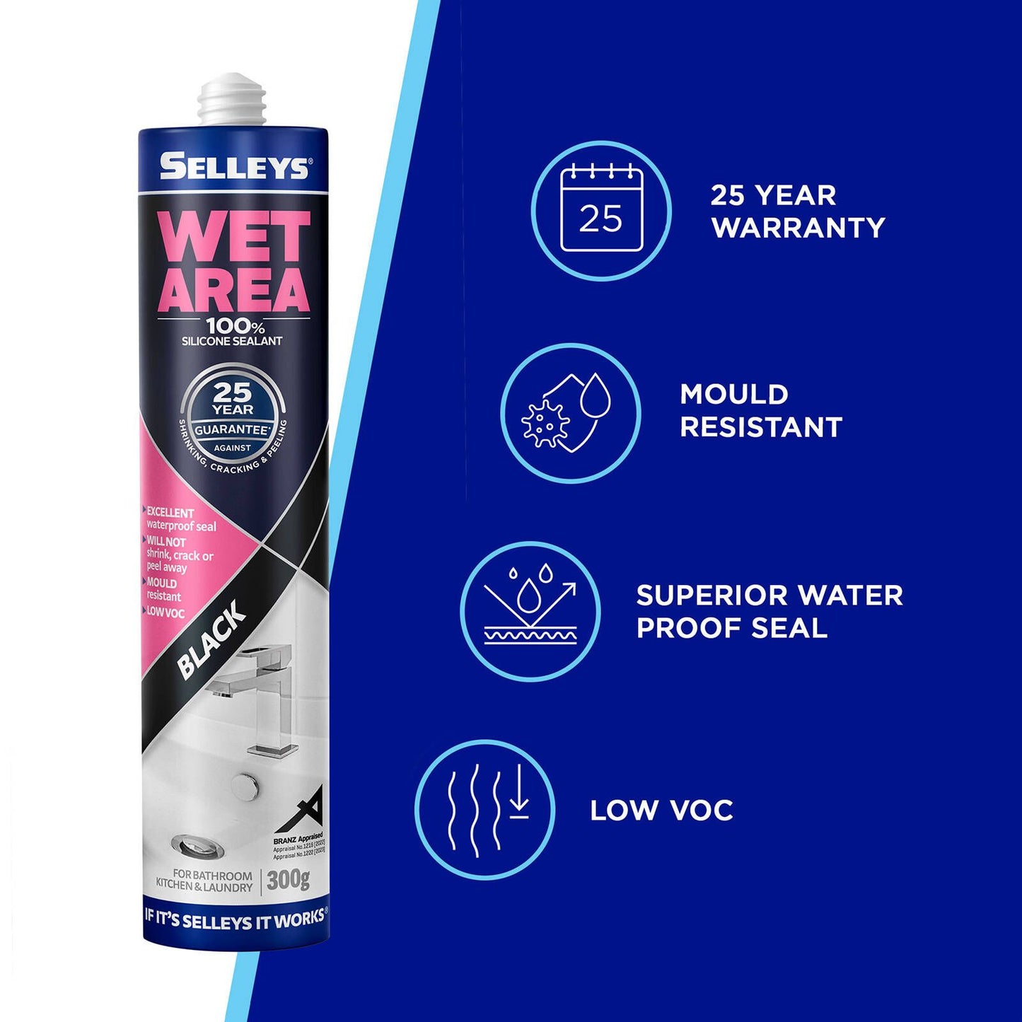 Selleys Wet Area Waterproof Silicone Sealant - 300g - Black