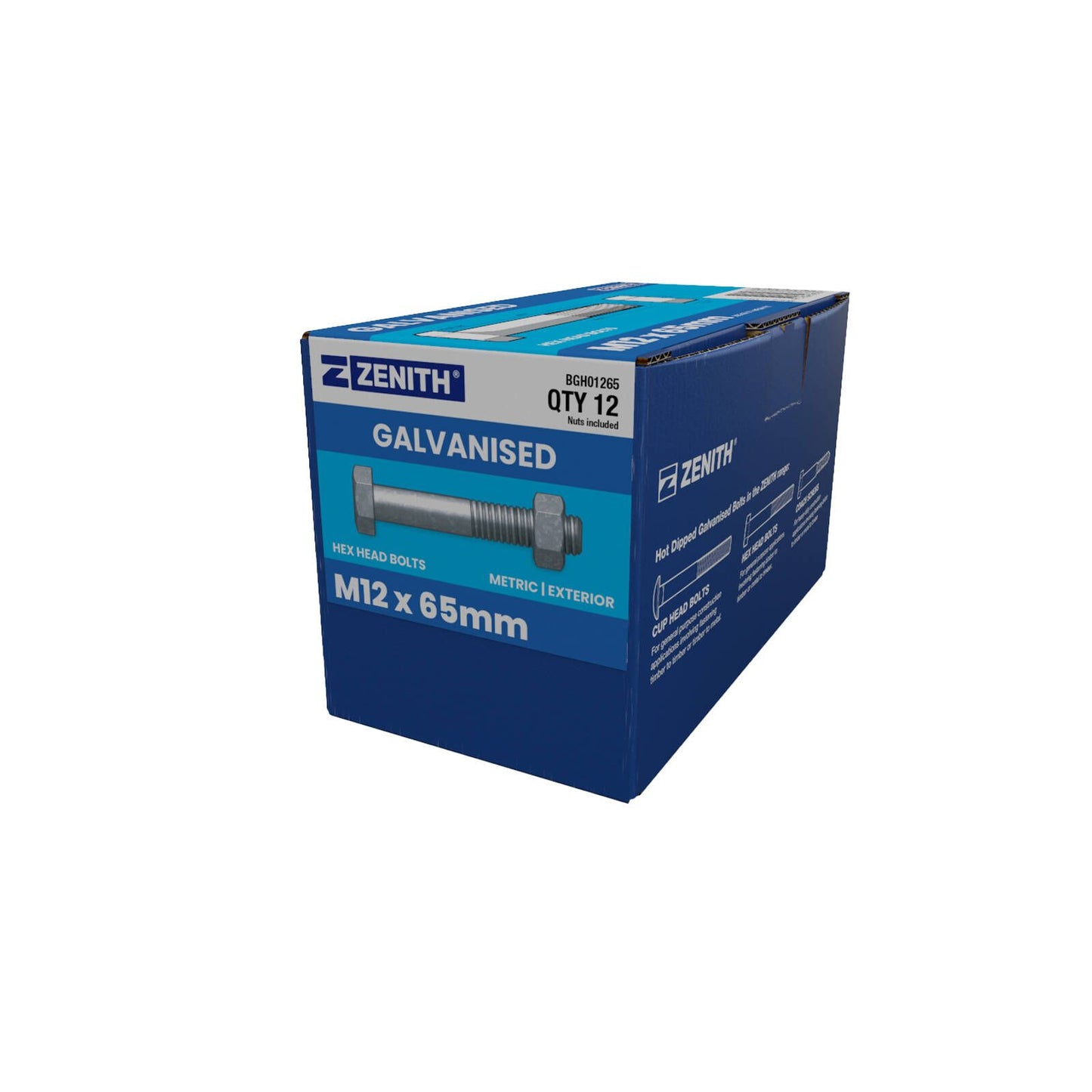 Zenith Hex Head Bolt - M12 x 65mm - Hot Dipped Galvanised - 12 Pack