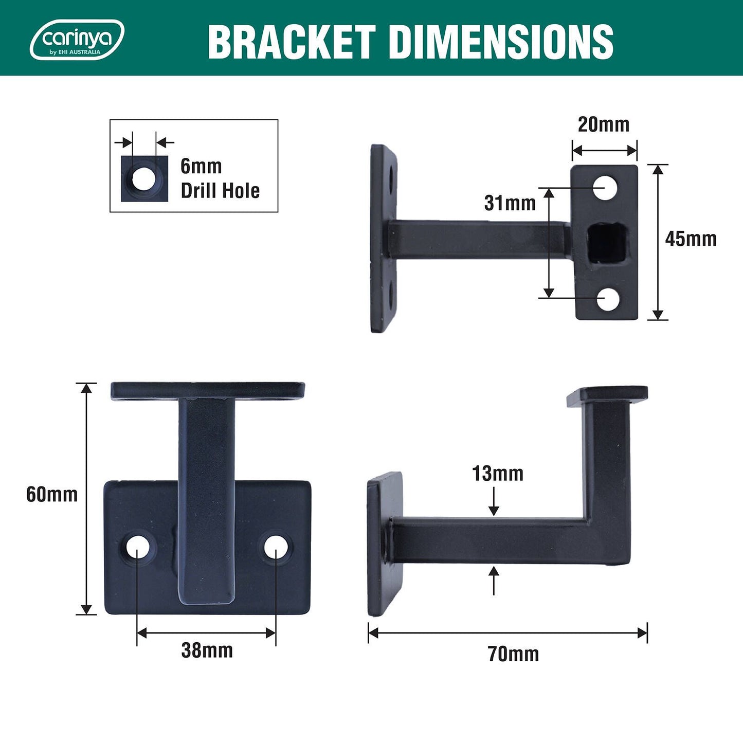 Carinya Black Flat Top Square Handrail Bracket - 38 x 60 x 70mm - 4 Pack