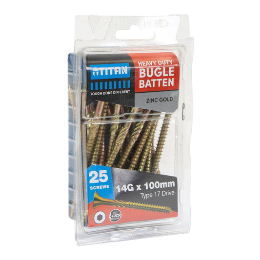 Titan Timber Bugle Batten Screw - 14g x 100mm - Zinc Gold - 25 Pack