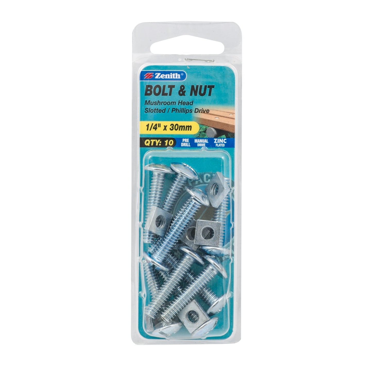 Zenith Mushroom Head Bolt & Nut - 1/4 x 30mm - 10 Pack
