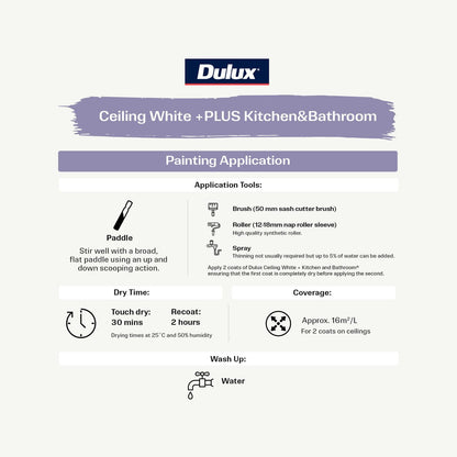 Dulux White Ceiling Plus 4L Water-Based Paint Flat Finish Mould Shield