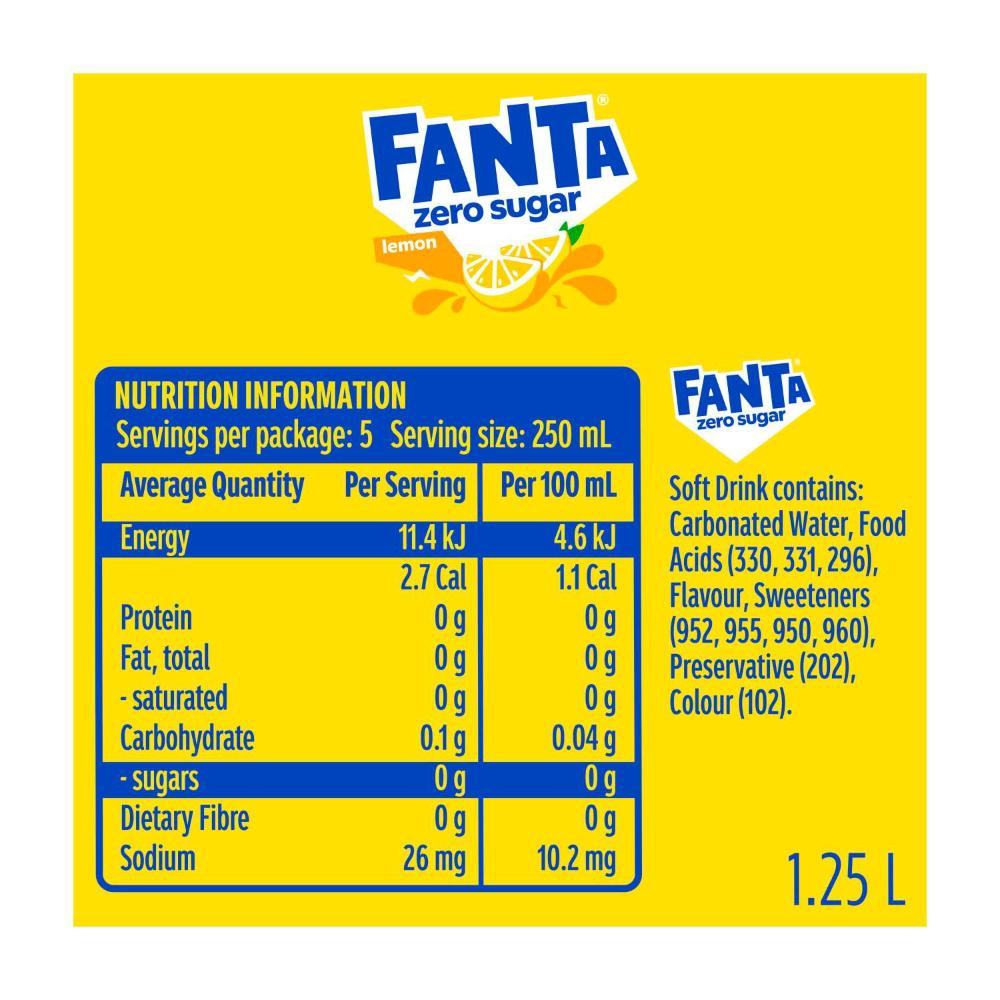 Fanta Zero Sugar Lemon Flavours Pet Soft Drink Bottle - 1.25L