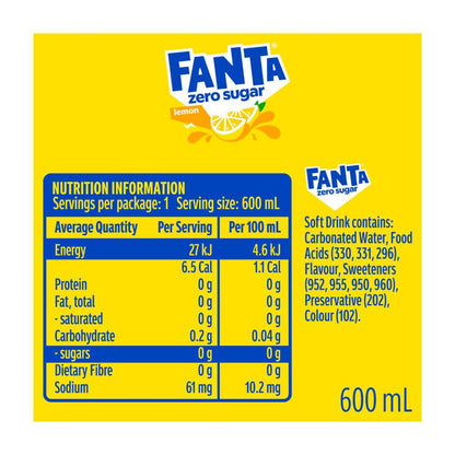 Fanta Zero Flavours Lemon Pet - 600mL
