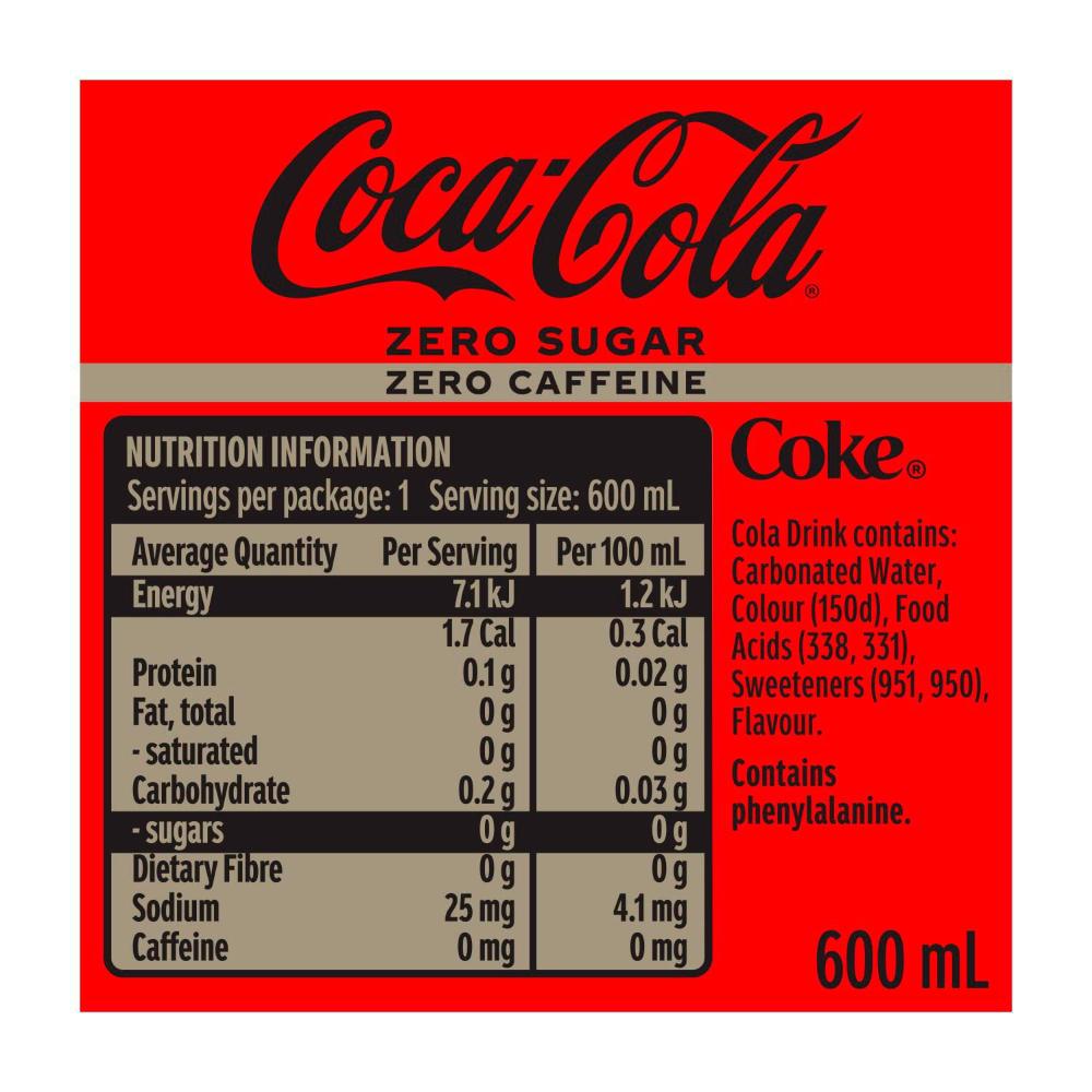 Coca-Cola Zero Caffeine Zero Sugar Soft Drink - 600mL