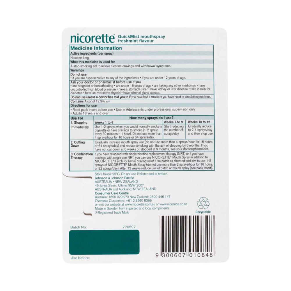 Nicorette Quickmist Mouth Spray Freshmint 1 Pack - 13.2mL