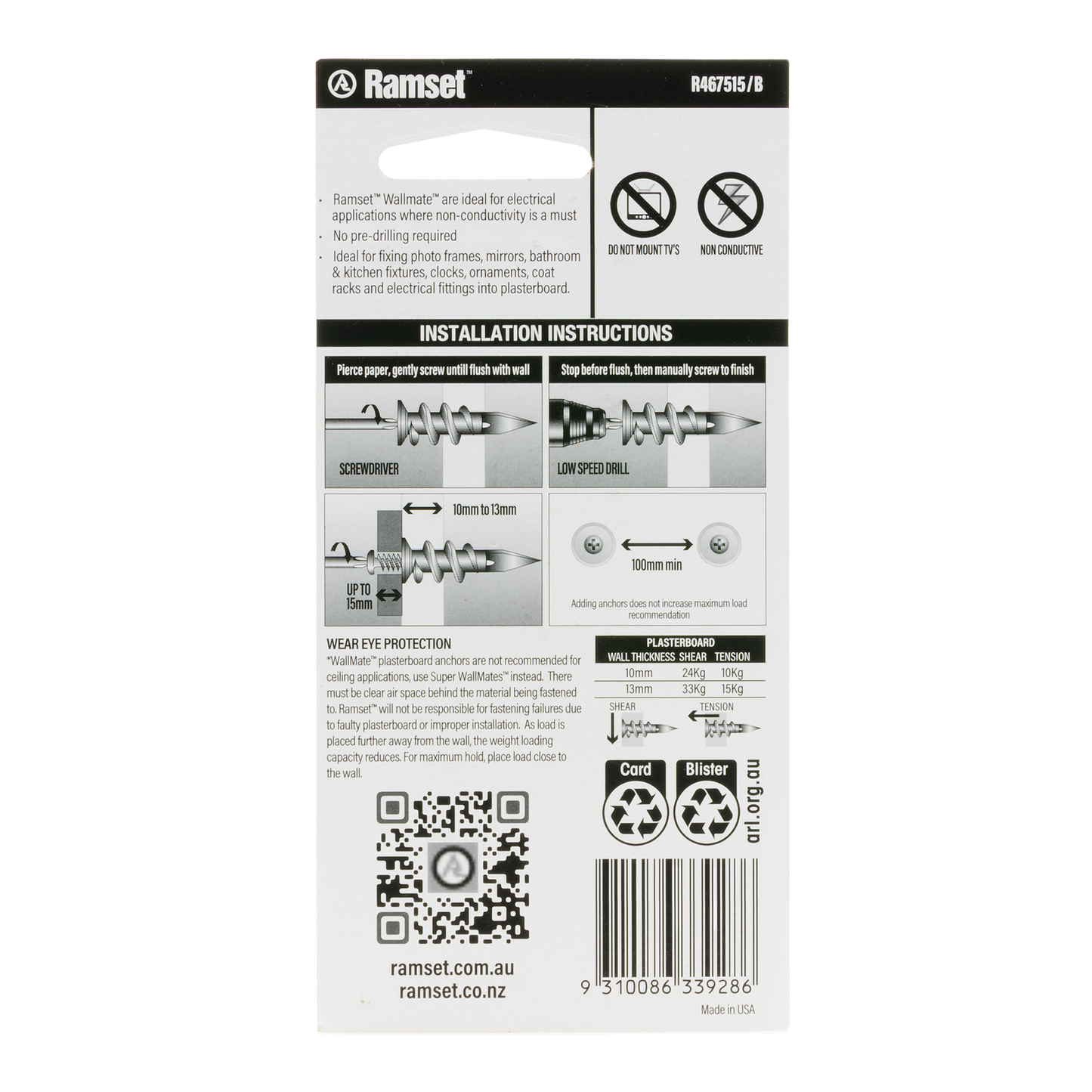 Ramset Nylon Wallmate Plasterboard Anchor with Screws - 43 x 73mm - 10 Pack