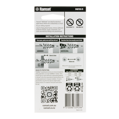 Ramset Nylon Wallmate Plasterboard Anchor with Screws - 43 x 73mm - 10 Pack