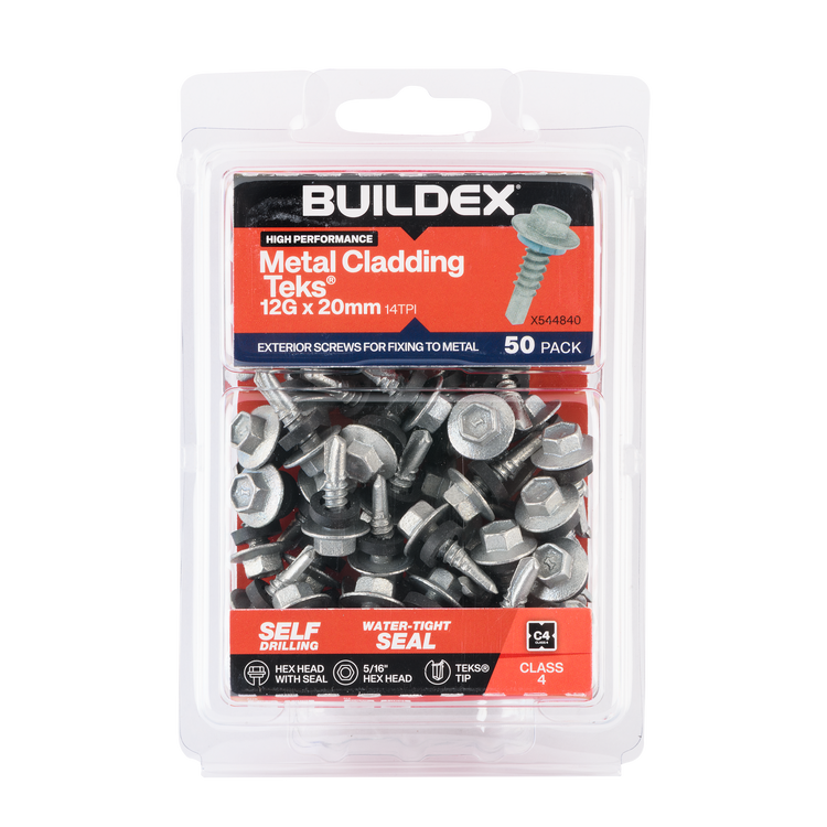 Buildex 12g x 20mm Class 4 Metal Cladding Teks Screws with Seal 50 Pack