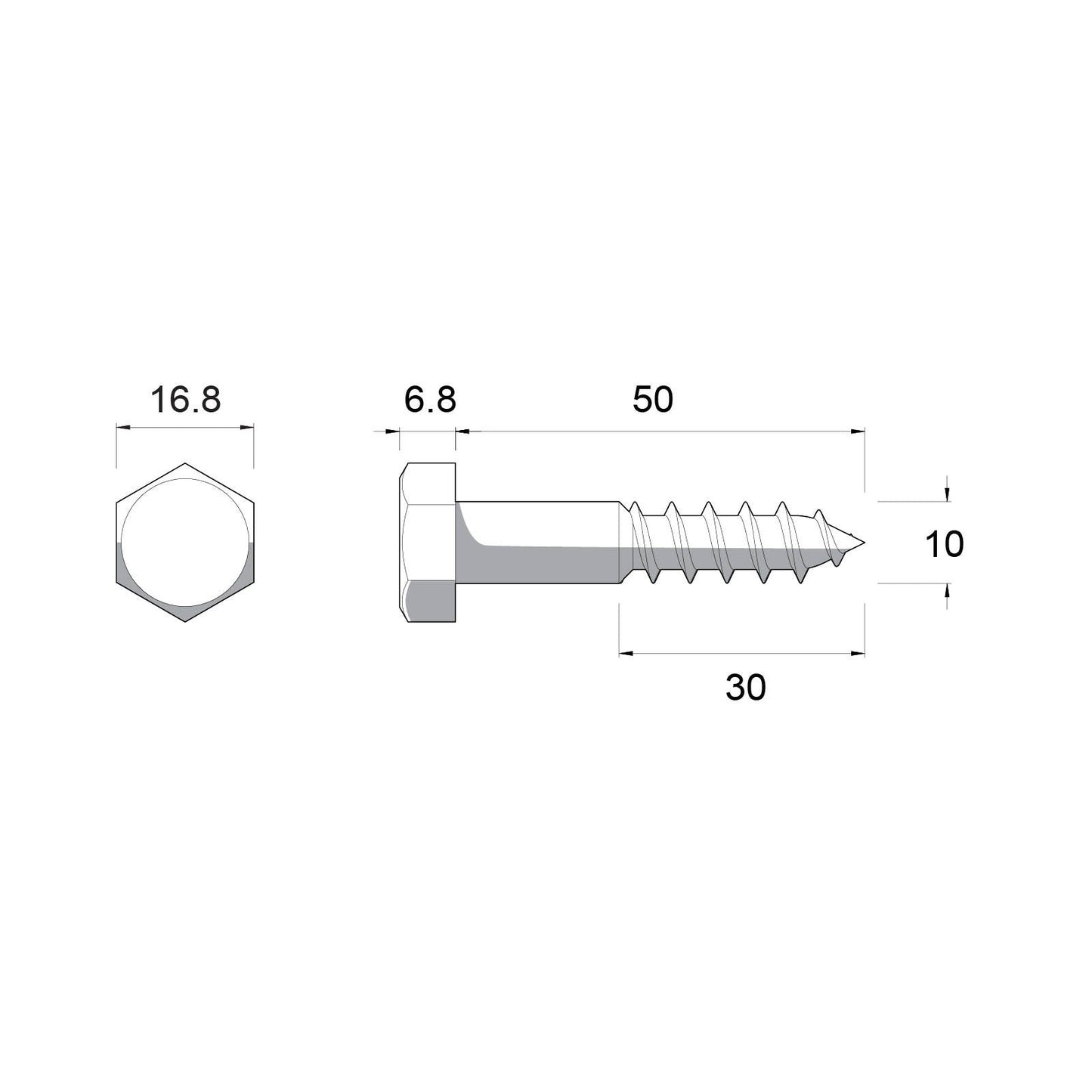 Zenith Coach Screw - M10 x 50mm - Stainless Steel 304