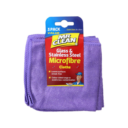 Mr Clean Glass & Stainless Steel Microfibre Cloths - 30 x 30 cm - 3 Pack