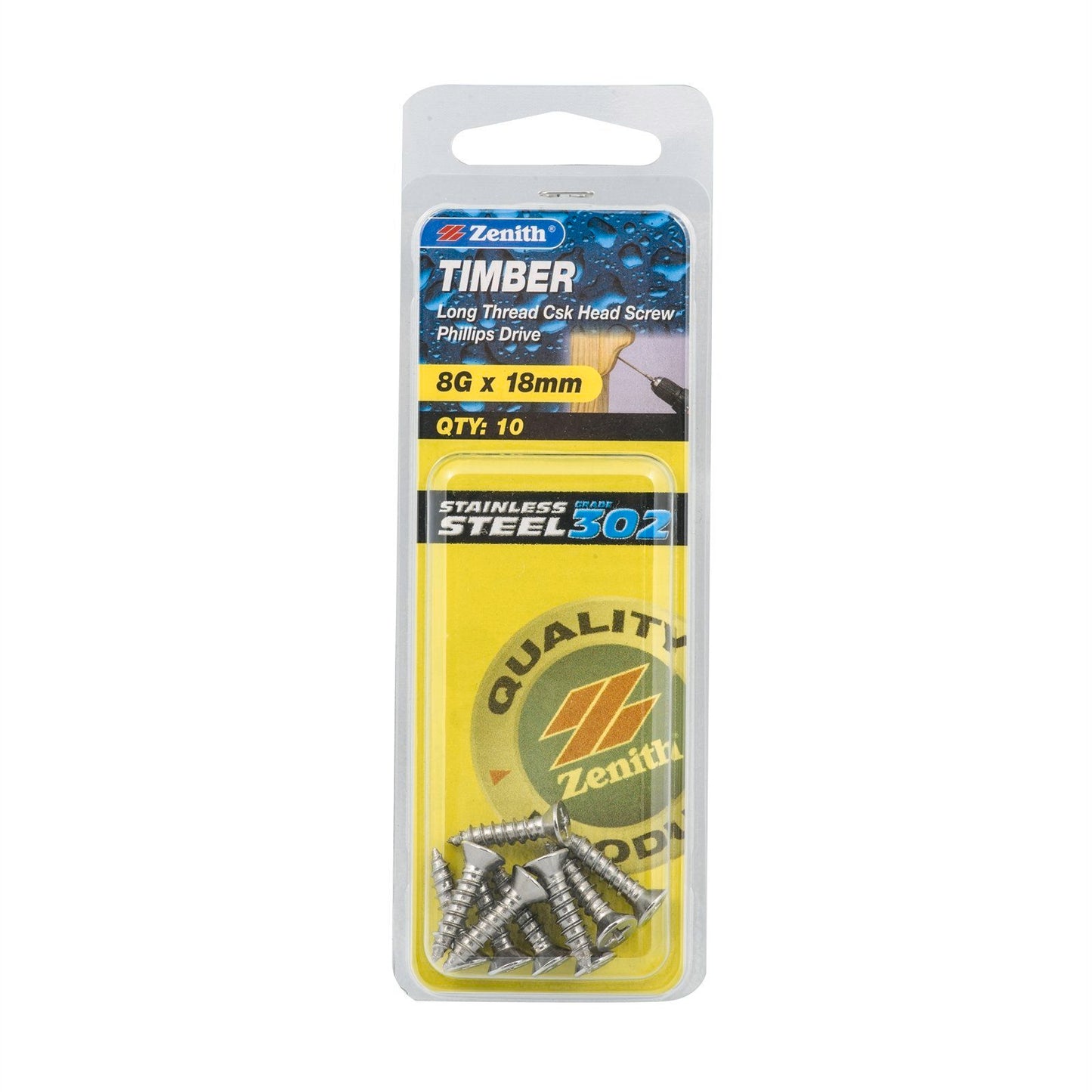 Zenith Timber Screws - 8g x 18mm - Stainless Steel - 10 Pack