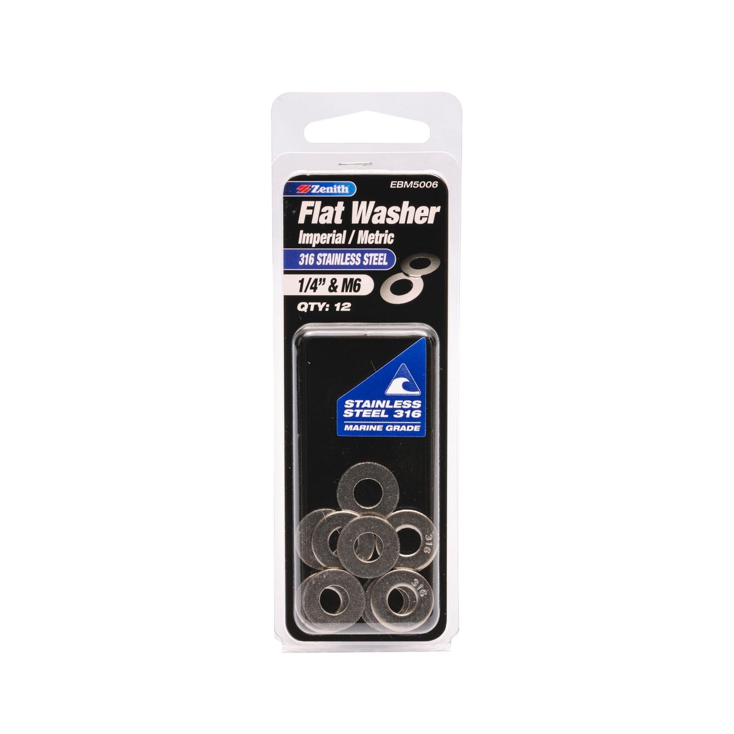 Zenith Flat Washer - 1/4 & M6 - 316 Stainless Steel - 12 Pack