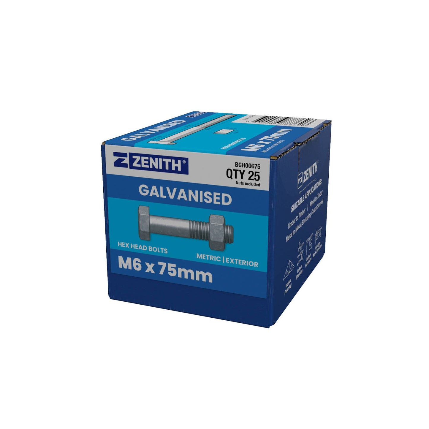 Zenith Hot Dip Galvanised Hex Head Bolts - M6 x 75mm - 25 Pack