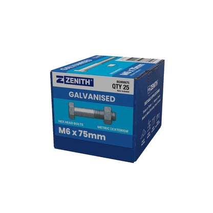 Zenith Hot Dip Galvanised Hex Head Bolts - M6 x 75mm - 25 Pack