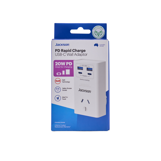 Jackson Outlet Adaptor - 1 - USB 2A 2C - 85 x 165 x 67mm - White