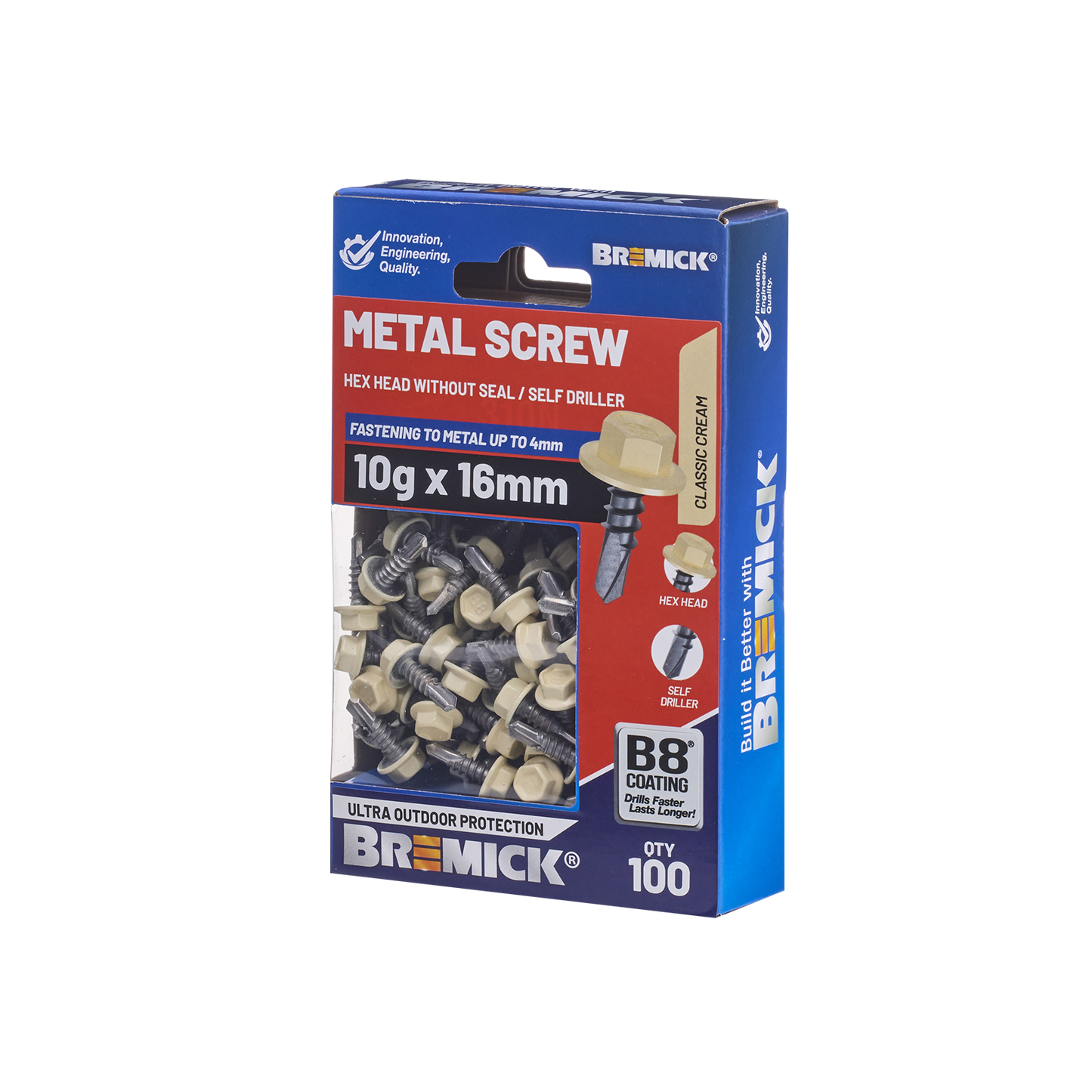 Bremick Metal Hex Screw - 10g x 16mm - B8 - 100 Pack