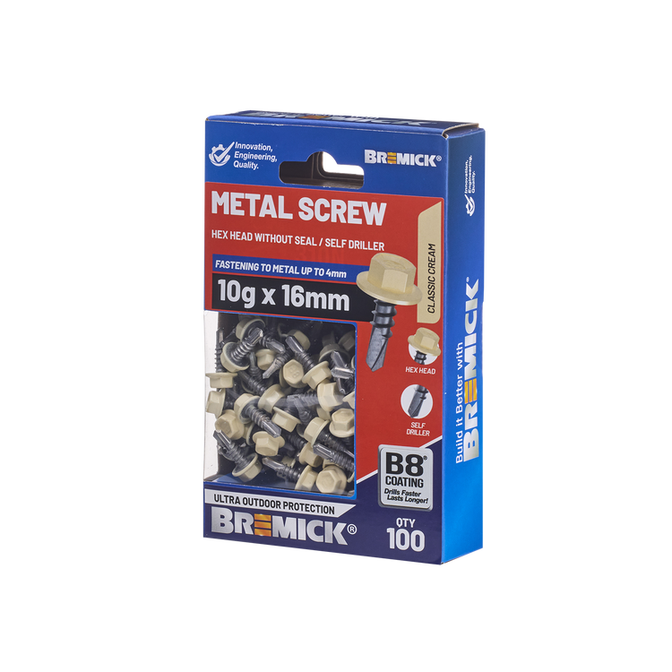Bremick Metal Hex Screw 10g x 16mm B8 Cc Box 100