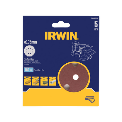 Irwin Quick Fit Random Orbital Sanding Discs - 125mm - 180 Grit - 5 Pack