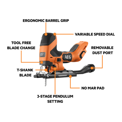 AEG Brushless Sub Compact Barrel Grip Jigsaw - 18V - 186 x 83 x 270mm - Skin Only