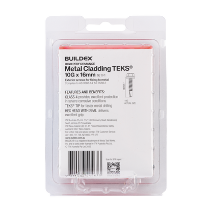 Buildex Cladding Fencing Teks Screws with Seal - 10g x 16mm - 100 Pack