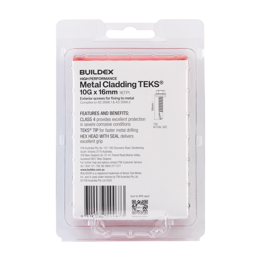 Buildex Cladding Fencing Teks Screws with Seal - 10g x 16mm - 100 Pack