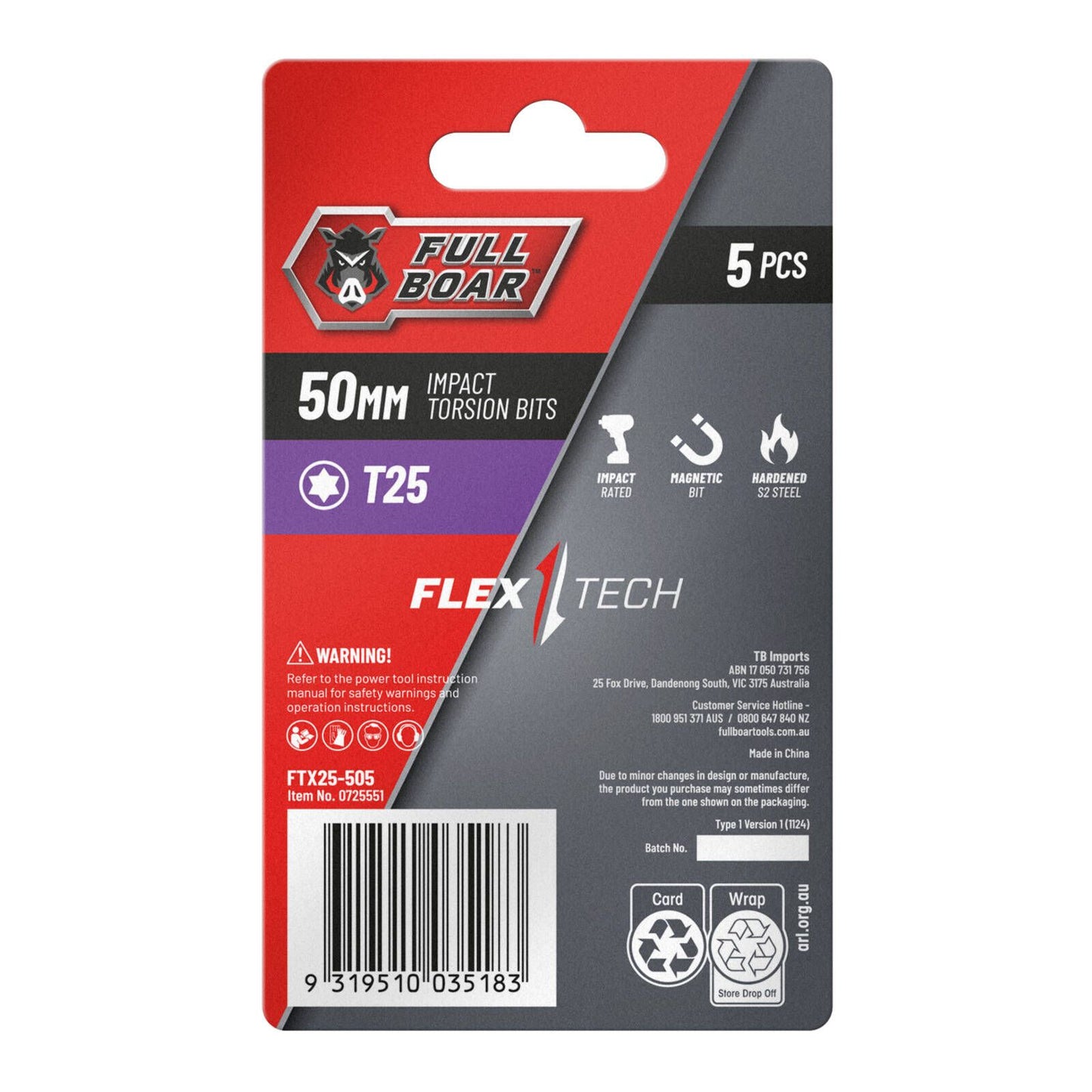 Full Boar Impact Torsion Bits Set - T25 x 50mm - 5 Pack