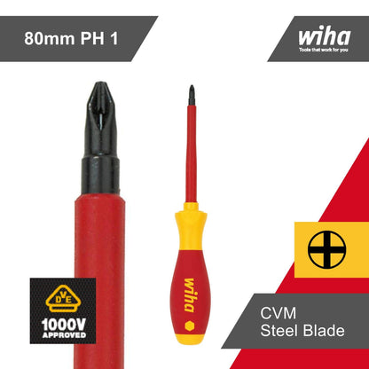 Wiha VDE Insulated Softfinish Phillips Screwdriver - PH1 - 80mm